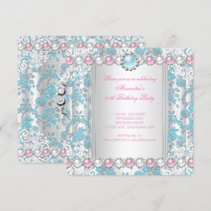 Convites Rosa Teal Damascado Branco Rosa Pérola Festa de An