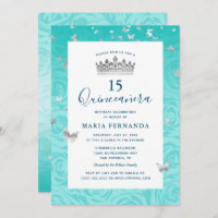 Rosa Teal Silver Crown Floral Elegante Quinceanera