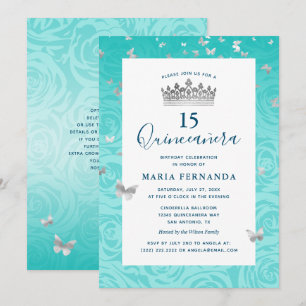 Convites Rosa Teal Silver Crown Floral Elegante Quinceanera
