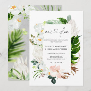 Convites Rosa Tropical Floral Branco Casamento Adiado