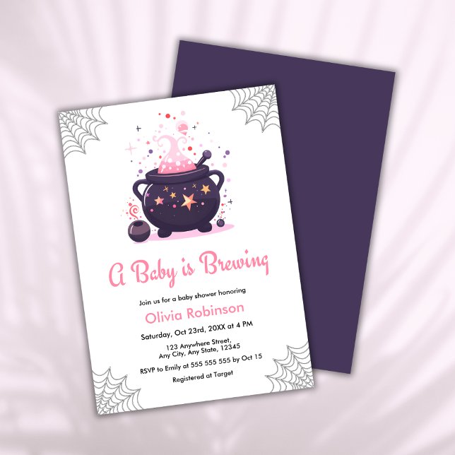 Convites Rosa Um Bebê Está A Criar Chá de fraldas De Hallow (Pink A Baby is Brewing Cauldron Halloween Girl Baby Shower Invitation  )
