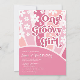 Convites Rosa Um Groovy Girl Retro Rainbow Primeiro Anivers