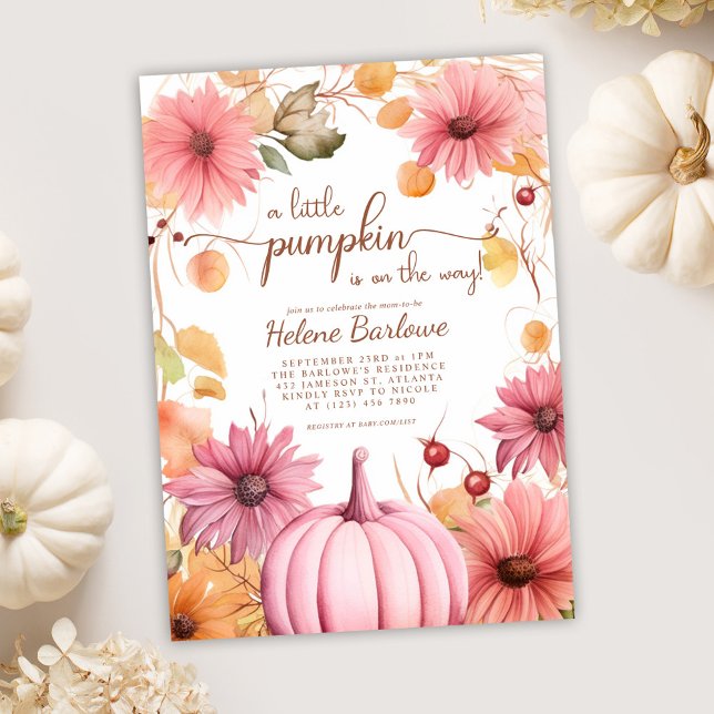 Convites Rosa, Um Pequeno Chá de fraldas De Abóbora (Pink A Little Pumpkin Fall Baby Shower Invitation)