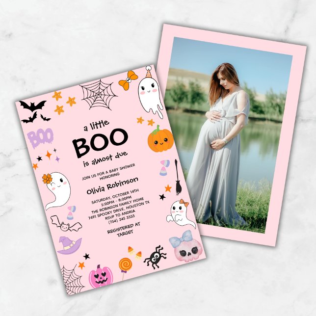Convites Rosa, Um Pequeno Chá de fraldas de Foto Bonito de  (Pink A Little Boo Cute Ghost Photo Halloween Baby Shower Invitation  )