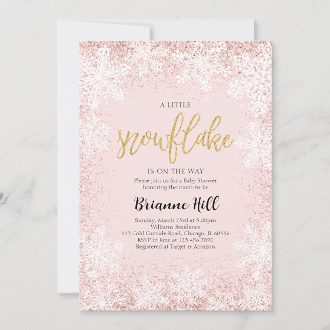 Convites Rosa Um Pequeno Chá de fraldas Floco de Neve (Frente)