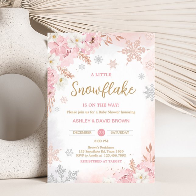 Convites Rosa Um Pequeno Chá de fraldas Floco de Neve (Pink Little Snowflakes is on the way Baby Shower Invitation)