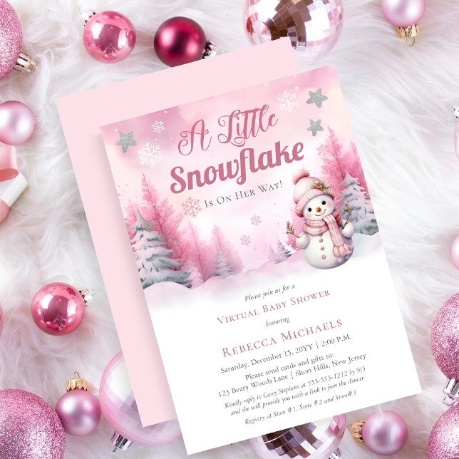 Convites Rosa, Um Pequeno Chá de fraldas Virtual De Raparig (A Little Snowflake Pink Winter Snow Girl Virtual Baby Shower)