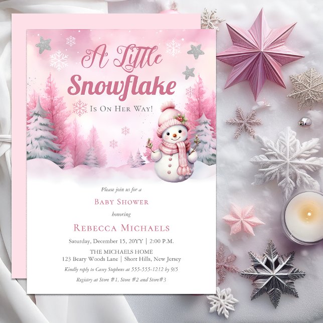 Convites Rosa Um Pequeno Floco De Neve | Chá de fraldas de  (Pink A Little Snowflake | Snow Girl Baby Shower Invitation)