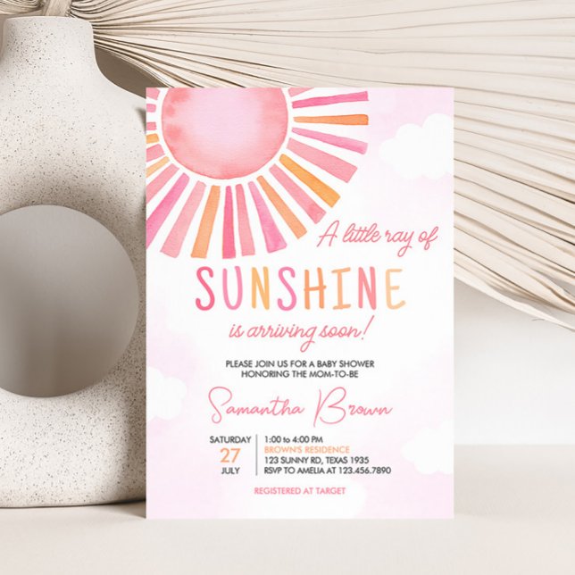 Convites Rosa, Um Pequeno Raio Sol, Chá de fraldas (Girl Sunshine Baby Shower Invitation)