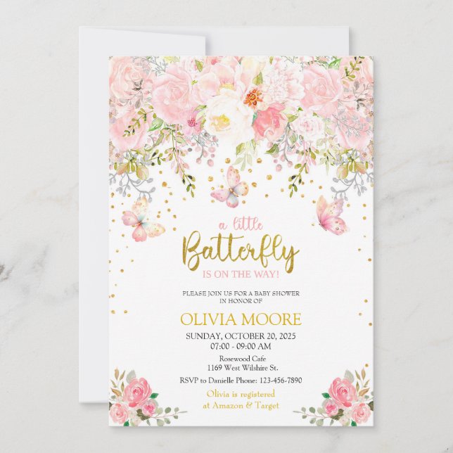 Convites Rosa Um pouco de chá de fraldas de borboleta (Frente)
