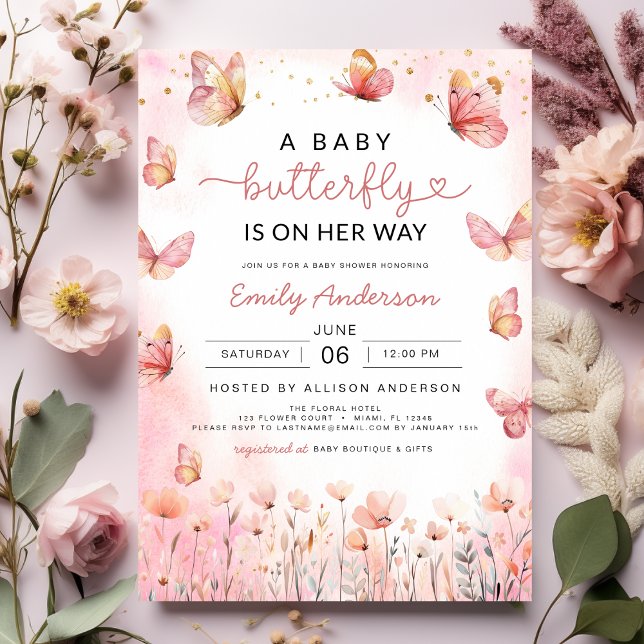 Convites Rosa Uma Borboleta Bebê está a caminho Chá Raparig (Criador carregado)