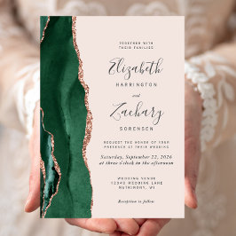 Convites Rosa Verde-Chic, Casamento de Blush de Agate Doura