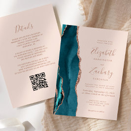 Convites Rosa Verde Dourado Ágata Rosa QR Code Casamento