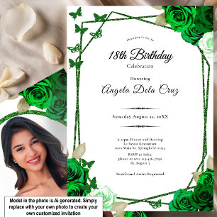 Convites Rosa Verde Esmeralda Elegante Debut de 18 Anos