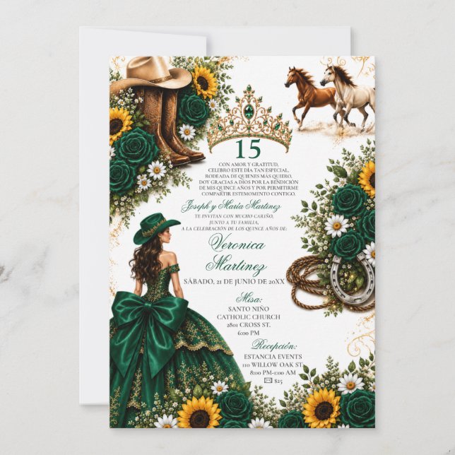 Convites Rosa Verde Girassol Cavalos Ocidentais Quinceañera (Frente)