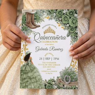 Convites Rosa Verde Sálvia Ocidental Dourada Quinceañera Co