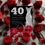 Convites Rosa vermelha aniversário de 40 anos preto de diam<br><div class="desc">Rosa vermelha Silver Diamond Dress Black aniversário de 40 anos Convocação Ver coleção correspondente em Niche e Nest Store</div>