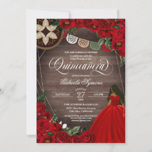 Convites rosa vermelha Ball Gown Ocidental Charro Quinceañ