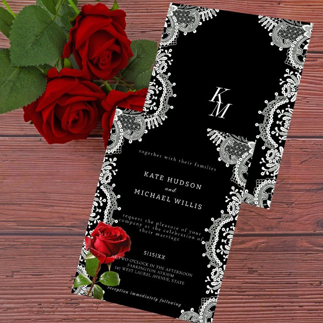 Convites Rosa Vermelha Bela Renda Branca Casamento (Criador carregado)