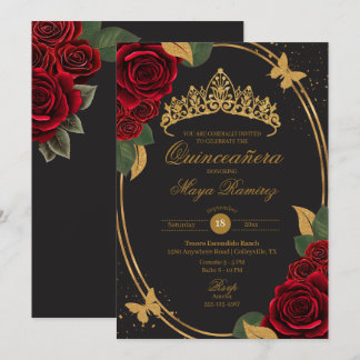 Convites Rosa vermelha Black Dourado Borboleta Brilhante Qu