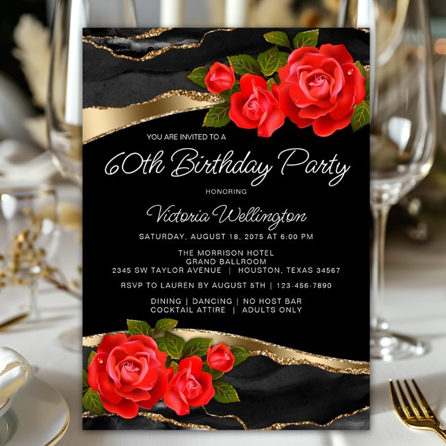 Convites Rosa vermelha Black Dourado Qualquer Número Aniver (Pretty red roses on an elegant black and gold background any number birthday and event invitation.)