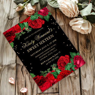 Convites Rosa vermelha Border Floral Sweet 16