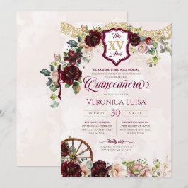 Convites Rosa vermelha Borgonha Elegante Charro Quinceanera
