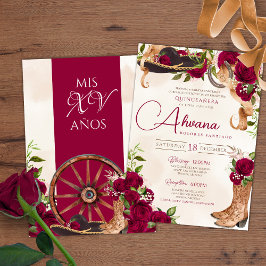 Convites Rosa vermelha Burgundy Charro Western Quinceanera