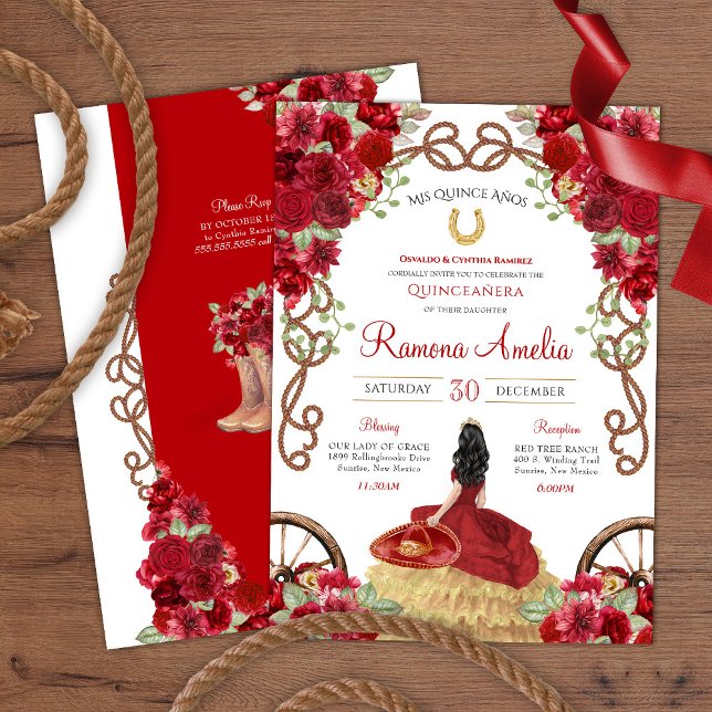 Convites Rosa vermelha Charra Western Quinceañera (Criador carregado)