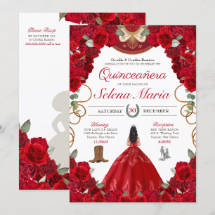 Convites Rosa vermelha Charro Elegante Cor Biológica Quince
