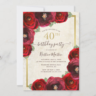 Convites Rosa vermelha Chic Watercolor aniversário de 40 an