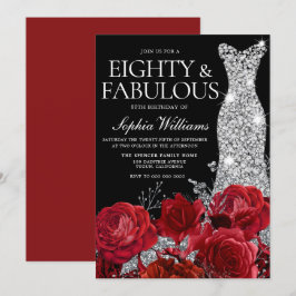 Convites Rosa vermelha de 80 de de Aniversário de Vestido d