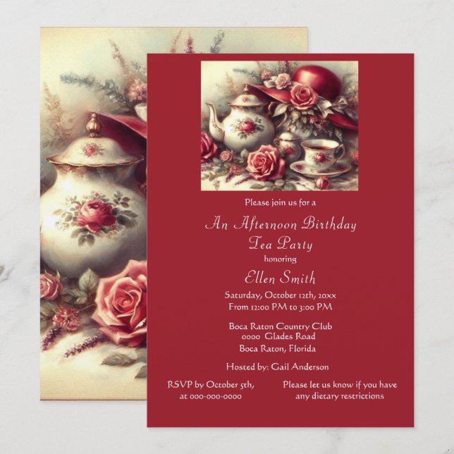 Convites Rosa vermelha de Festa de Aniversário Elegante (Frente/Verso)
