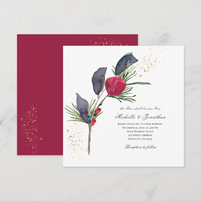 Convites Rosa vermelha de Natal moderna Casamento Verde de  (Frente/Verso)