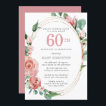 Convites Rosa vermelha de Pastel Floral 60ª Festa de aniver<br><div class="desc">Um vermelho pastel macio que é quase cor-de-rosa cria um belo design floral neste elegante convite de 60 anos. As rosas vermelhas estão aninhadas em folhas verdes profundas. As rosas e folhas decoram uma moldura de ouro com vários fios. O 60º está escrito em um grande texto vermelho. O resto...</div>