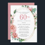 Convites Rosa vermelha de Pastel Floral 60ª Festa de aniver<br><div class="desc">Um vermelho pastel macio que é quase cor-de-rosa cria um belo design floral neste elegante convite de 60 anos. As rosas vermelhas estão aninhadas em folhas verdes profundas. As rosas e folhas decoram uma moldura de ouro com vários fios. O 60º está escrito em um grande texto vermelho. O resto...</div>