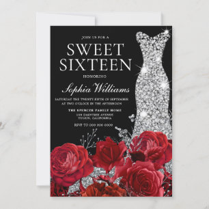 Convites Rosa vermelha Diamond Gown Black Sweet 16 Aniversá