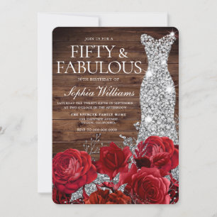 Convites Rosa vermelha Diamond Gown Rustic 50th Birthday