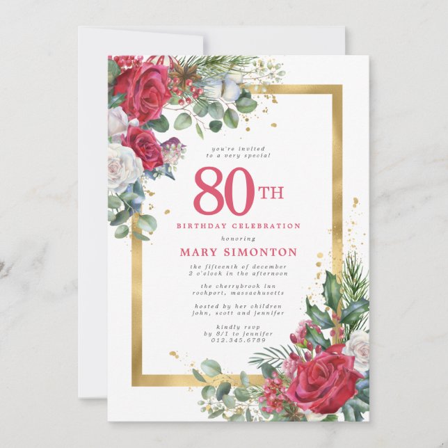 Convites Rosa vermelha Dourada Holly 80 Aniversário (Frente)