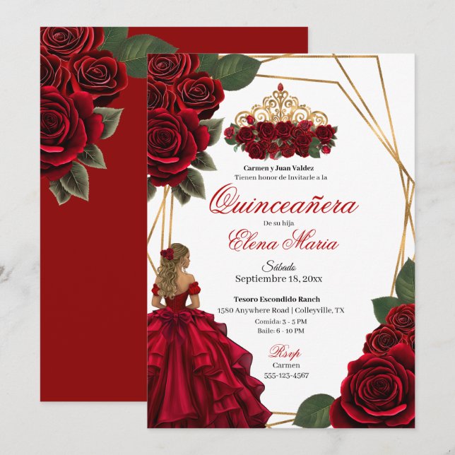 Convites Rosa vermelha Dourada Quinceañera (Frente/Verso)