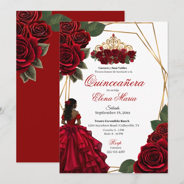 Convites Rosa vermelha Dourada Quinceañera (Frente/Verso)