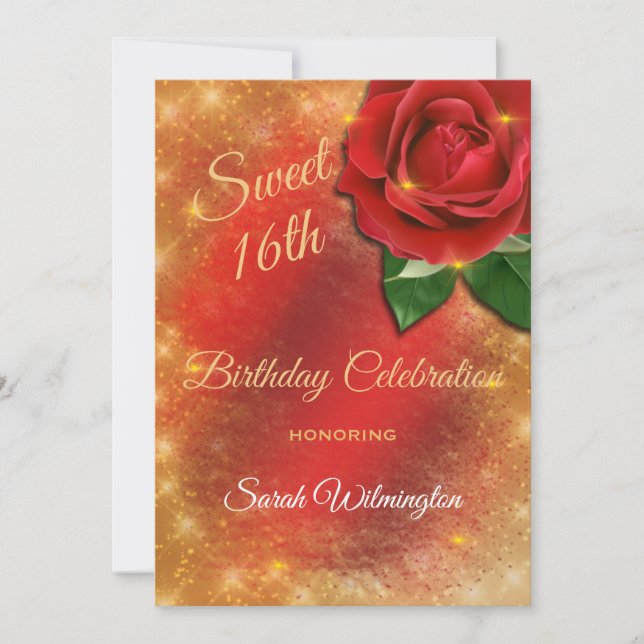 Convites Rosa vermelha Dourada Sparkle Satin Sweet 16 Anive (Frente)