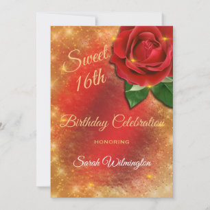 Convites Rosa vermelha Dourada Sparkle Satin Sweet 16 Anive