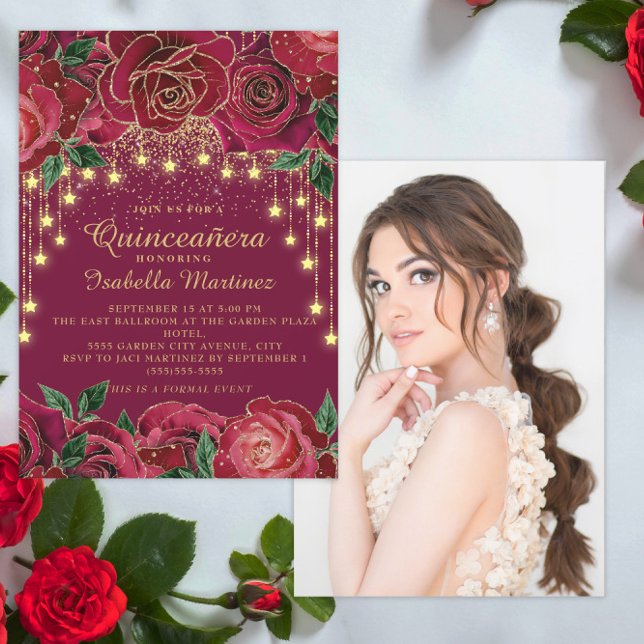 Convites Rosa vermelha Dourada String Light Star Photo Quin (Elegant red roses and gold string lights Quinceanera photo invitation)