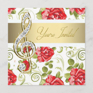 Convites Rosa vermelha Dourada Treble Clef Considerando Con