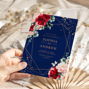 Convites Rosa vermelha & Dourada Watercolor Floral Salvar a