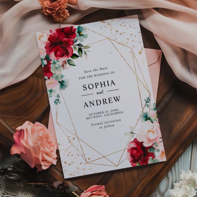 Convites Rosa vermelha & Dourada Watercolor Floral Salvar a (Criador carregado)