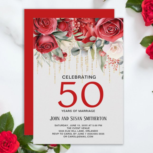 Convites Rosa vermelha Dourado String Luzes 50 anos (Red roses and gold curtain string lights 50th wedding anniversary invitation)