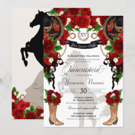 Convites Rosa vermelha e Charra Quinceanera Preto Ocidental