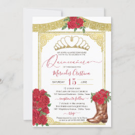 Convites Rosa vermelha E Dourada Quinceanera Floral Charra